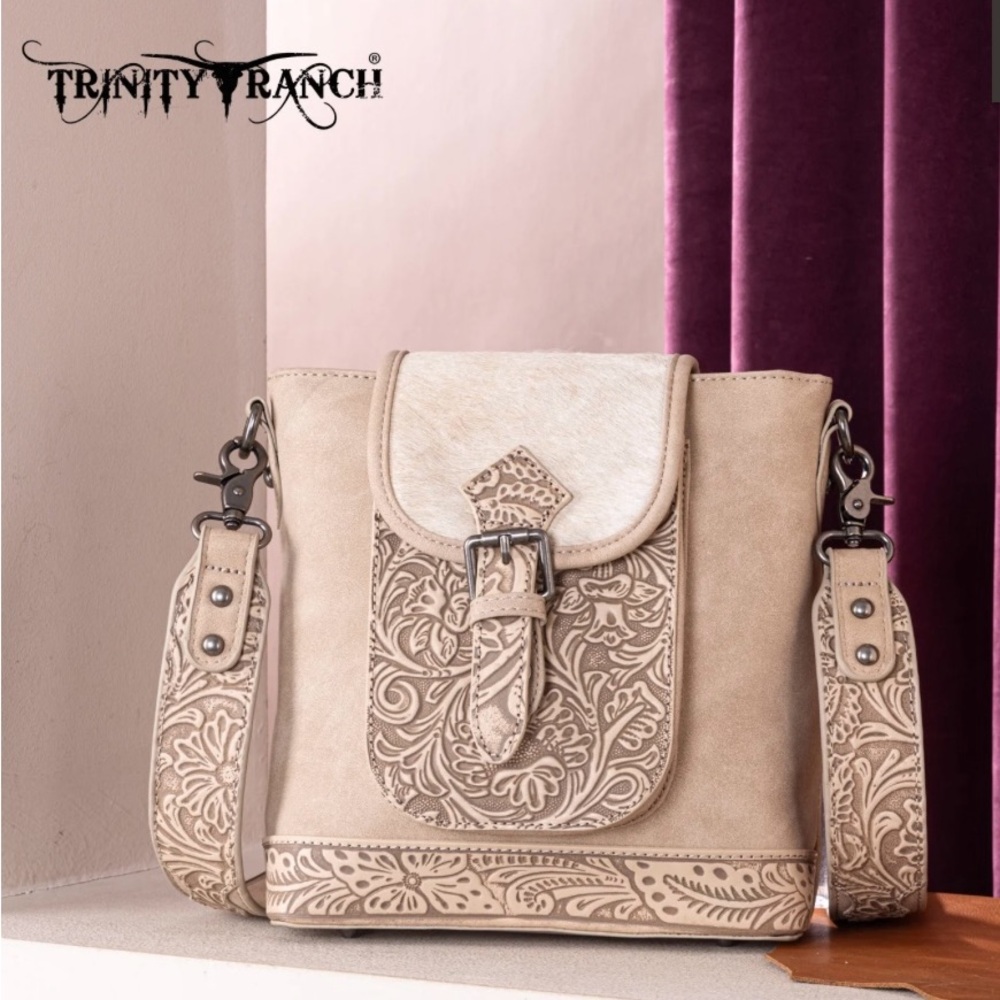 Trinity Ranch Genuine Hair-On Cowhide Tooled Concealed Carry Crossbody Bag- Tan